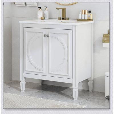 Meuble-lavabo 30 po avec lavabo, deux portes avec tablette, charnières de porte à fermeture en douceur, style rétro, blanc