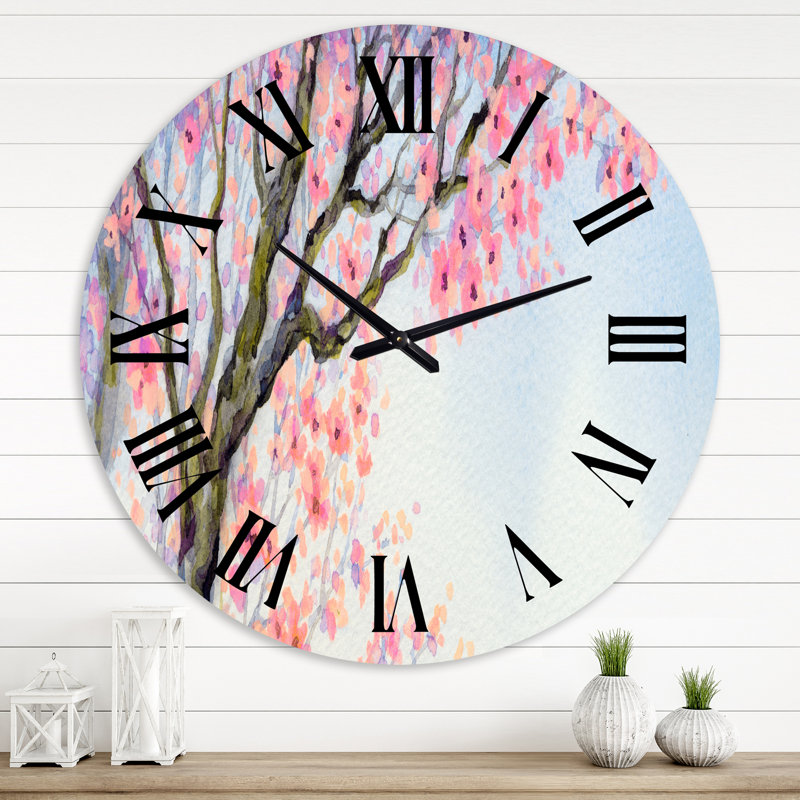 Bel oiseau rose sur une branche en fleurs II - Horloge murale traditionnelle, Moyenne