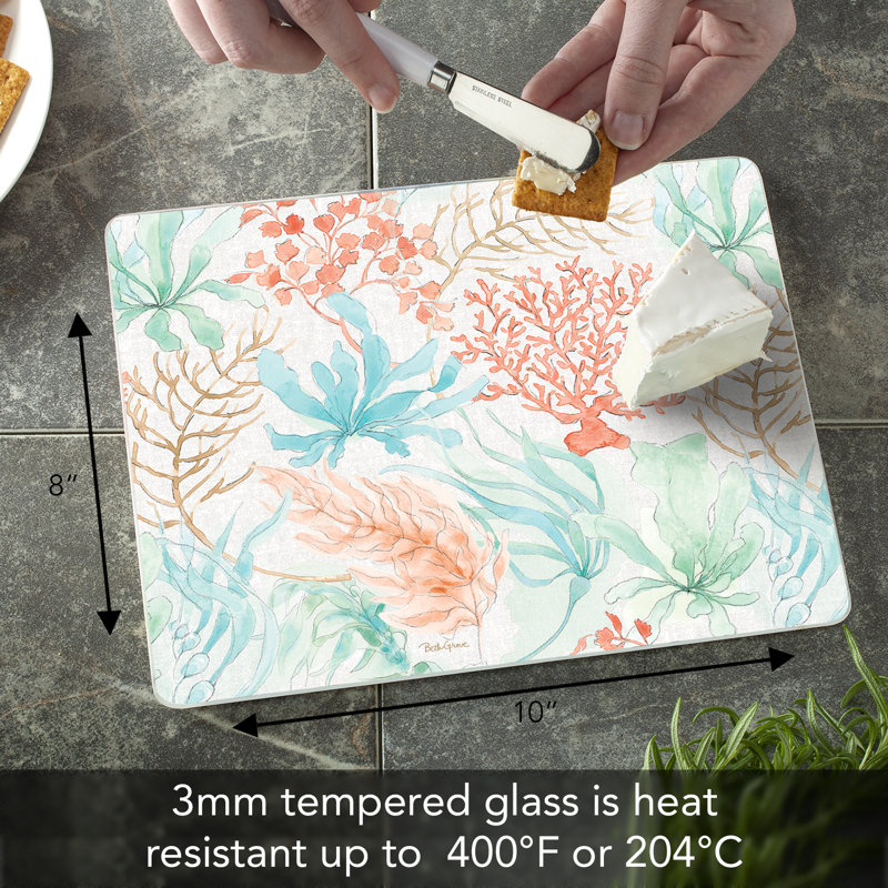 Seaside Coral and Aqua Tempered Glass Cutting Board 10" x 8"