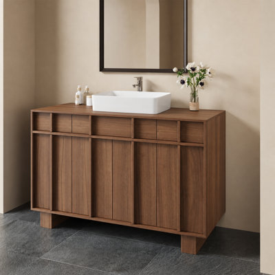 Meuble-lavabo autoportant en noyer de 122 cm (48 po) avec lavabo rectangulaire blanc, meuble en bois de style moderne du milieu du siècle avec tiroirs à glissières en U et rangements multiples.