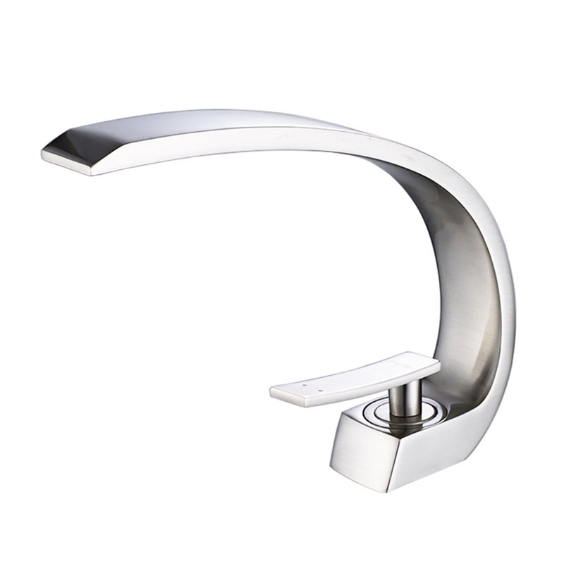 Robinet de lavabo de salle de bain contemporain en nickel brossé - monotrou fixé au comptoir avec forme géométrique et valve de remplissage en céramique