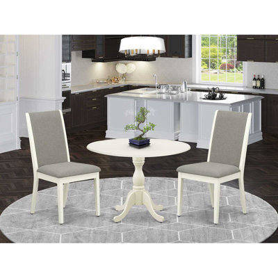3 Piece Dining Room Table Set Contains a Round Kitchen Table with Dropleaf and 2 Shitake Linen Fabric Parson Dining Chairs, 42x42 Inch, Linen White