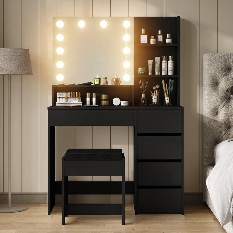 Ensemble de coiffeuse avec miroir à lumière DEL et 5 tiroirs, ensemble de coiffeuse avec tabouret pour chambre Shylo
