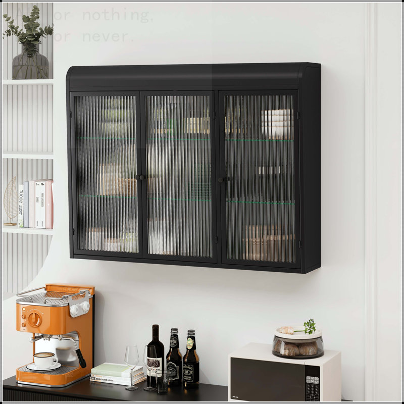 3-Door Arched Wall Mounted Glass Cabinet, Black