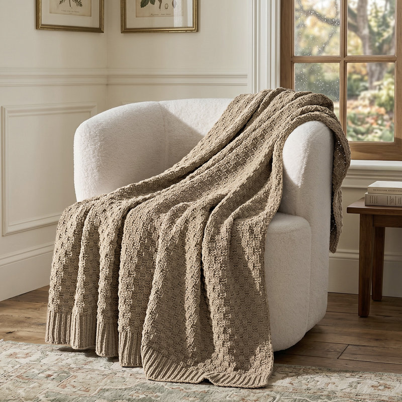 Jeté en tricot de chenille épais EVERGRACE, L 60 po x l 80 po, Foyer taupe