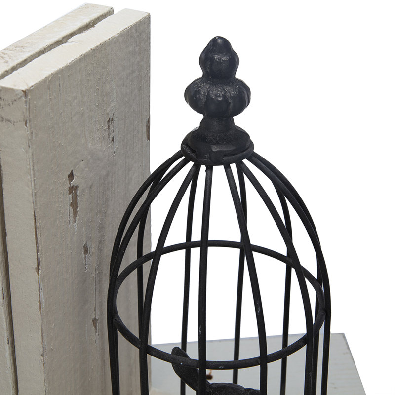 S/2 5.5x4.5x10"  Distressed Black Bird Cage Bookend, Antique white