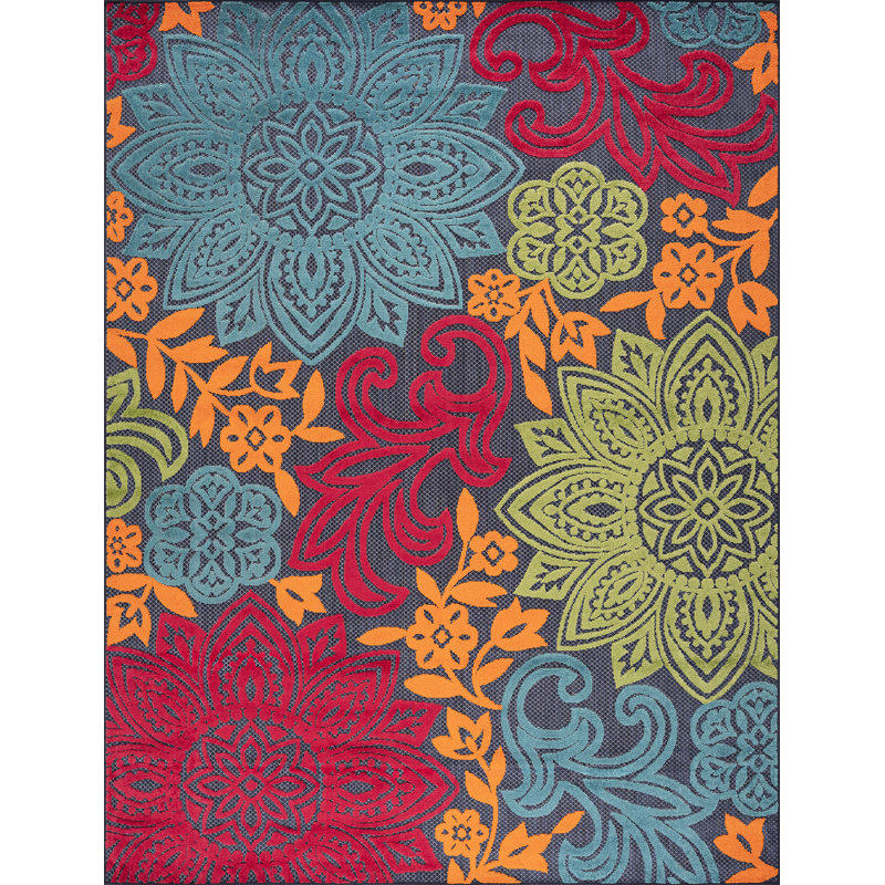 Tapis floral moderne en polypropylène bleu marine Omalley, 7 pi 11 po x 10 pi 3 po, 8x10 - ( 7'11'' x 10'3'' )