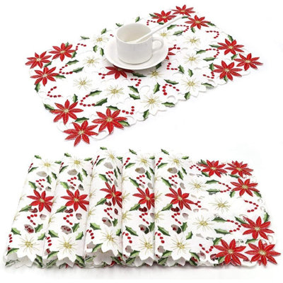 6Pcs Embroidered Christmas Placemats, Red Poinsettia Placemats With Holly For Christmas Holiday Decorations, 11 X 17 Inch Christmas Table Mats