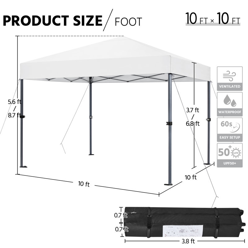 Metal Pop-Up Canopy with One-Push-To-Lock Setup Mechanism, 10' W x 10' D, White