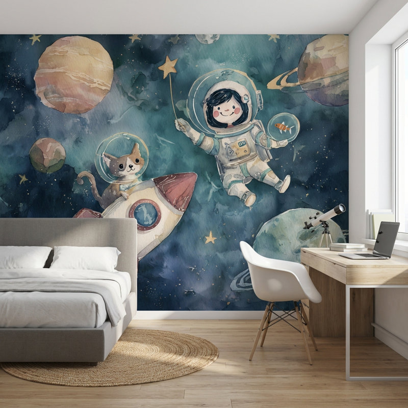 Papier peint astronaute, chat, planètes, mur, 120 po x 96 po, Peler et coller
