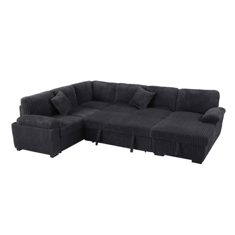 L-Shaped Sectional Sofa Bed Pull Out Sleeper Couch With Storage Chaise, Dark Gray Corduroy