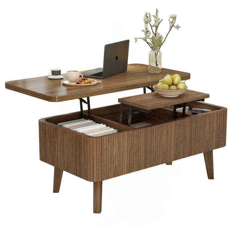 Table basse à plateau relevable 3 en 1, conception convertible cannelée pour la salle à manger et le rangement, parfaite pour les espaces de vie modernes