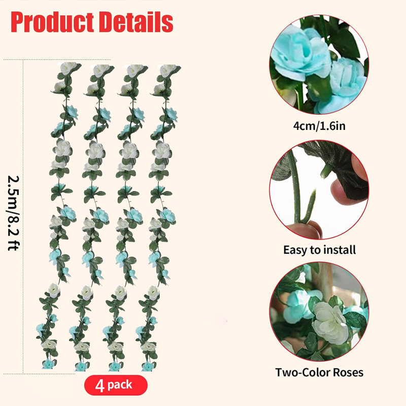 4PCS 8.2FT Flower Garland, Artificial Rose Garland Hanging Rose Ivy, Hanging Basket Wedding Arch Garden Backdrop Decoration, Blue