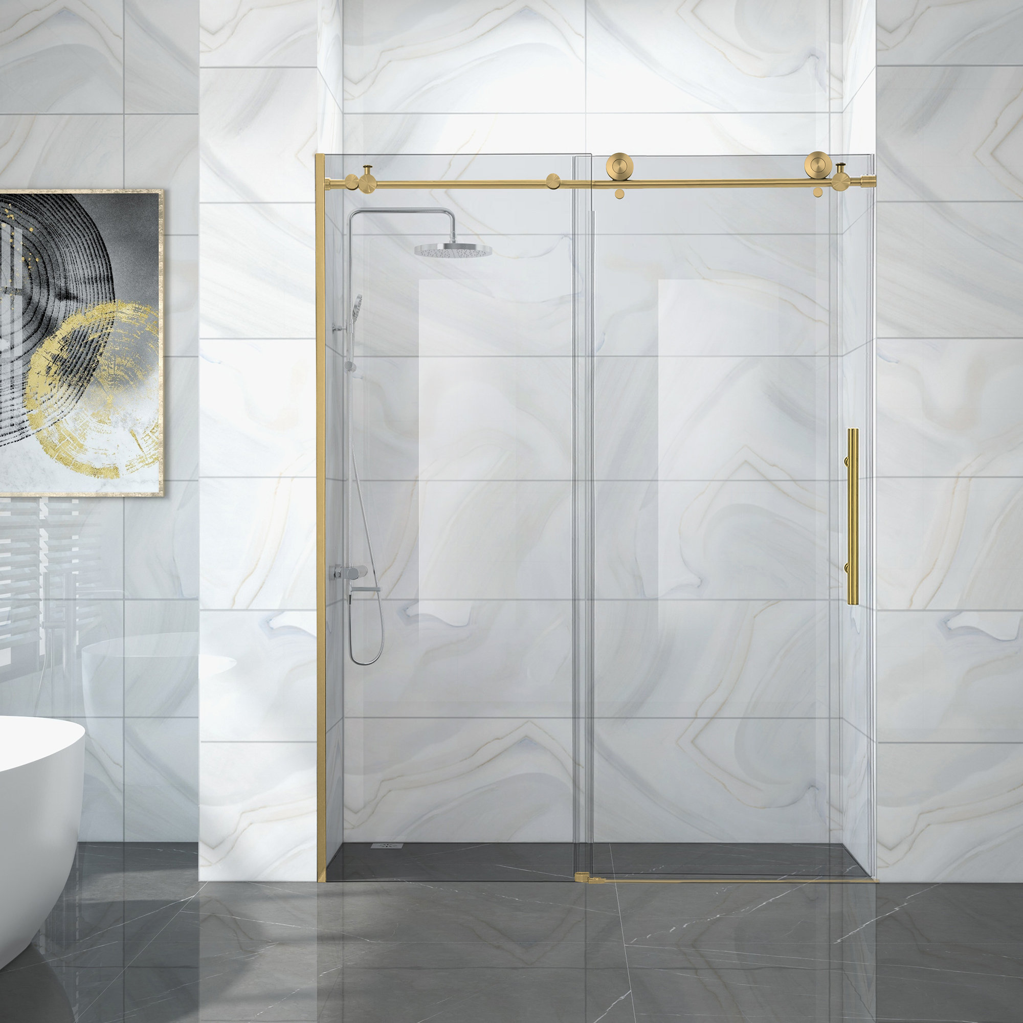 JS HYS6076BG 76'' H x 60'' W Brushed Gold Semi-Frameless Shower Door with Tempered Glass, image size:2000x2000