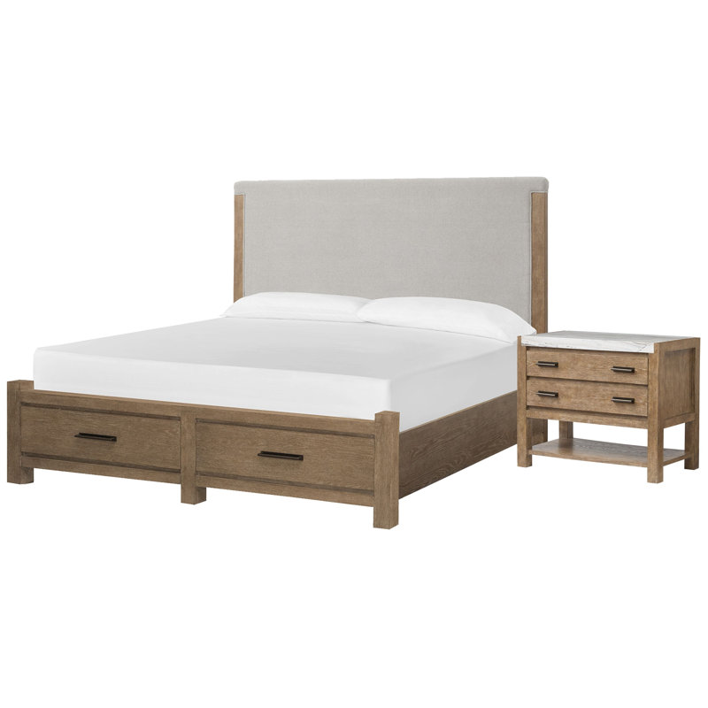 Grand lit avec panneau de rangement Wilmot, 2 pièces : Lit, table de chevet, Grand
