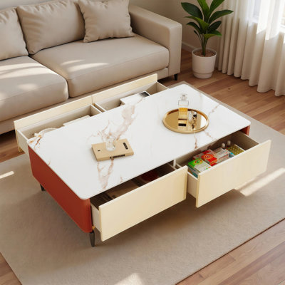 Table basse rectangulaire en faux marbre avec rangement, table basse française crème avec 4 tiroirs, garniture en cuir de selle pour le salon