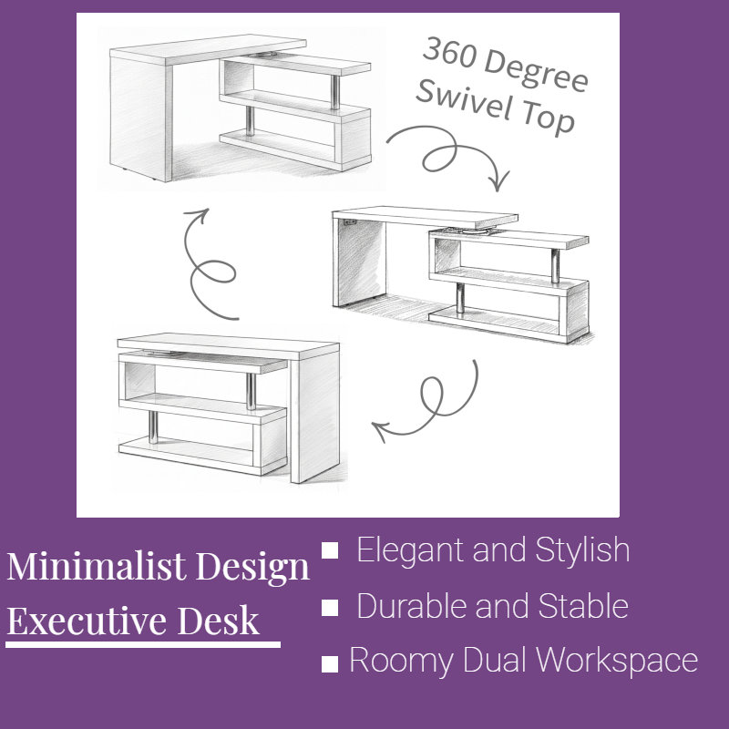 Bureau de direction pivotant à 360 ° avec bureau en coin Bureau d'ordinateur avec tablettes
