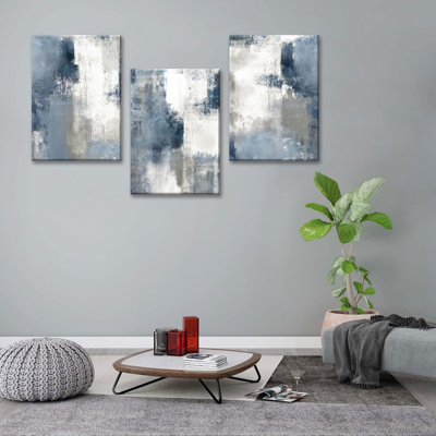 Abstract Wall Art Navy Blue Gray Canvas Large Framed Set Of 3 Modern Minimalist Neutral Color Block Shape Artwork Blue Printing Pictures Wall Decor For Living Room Bedroom Office-16X24in