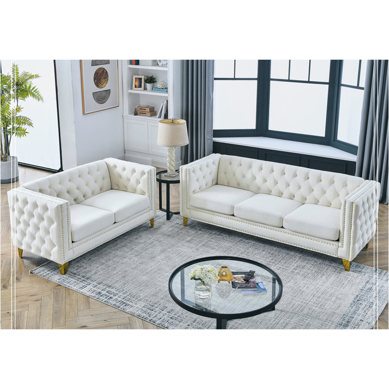 Canapé 3 places + 2 places. Velours, Beige