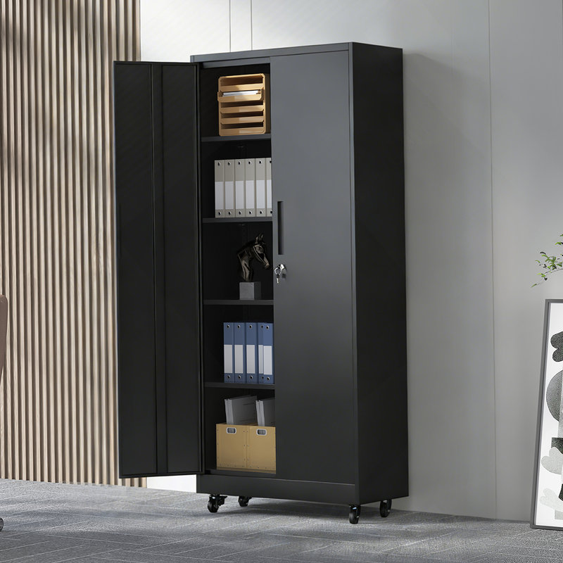 Heavy Duty Rolling Garage Storage Cabinet With Lockable Wheels, 4 Adjustable Shelves, And 3-Point Security Lock For Secure Tool Organization.