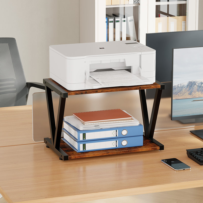 17.3" Printer Stand 2 Tier Desktop Organizer Storage Shelf Metal Frame, Brown