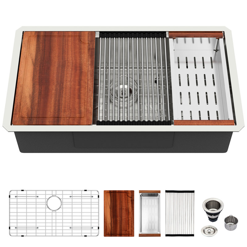 Évier de cuisine encastré de 30 pouces, acier inoxydable 304 de calibre 16, fonctionnement silencieux avec patin de 3 mm et poste de travail interchangeable avec évier à simple cuve avec rebords intégrés, drain facile X