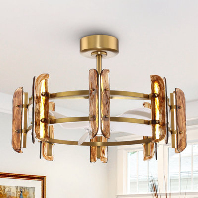 31.9" Colorful Art Glass Caged Ceiling Fan with Dimmable LED Lights and Remote Control