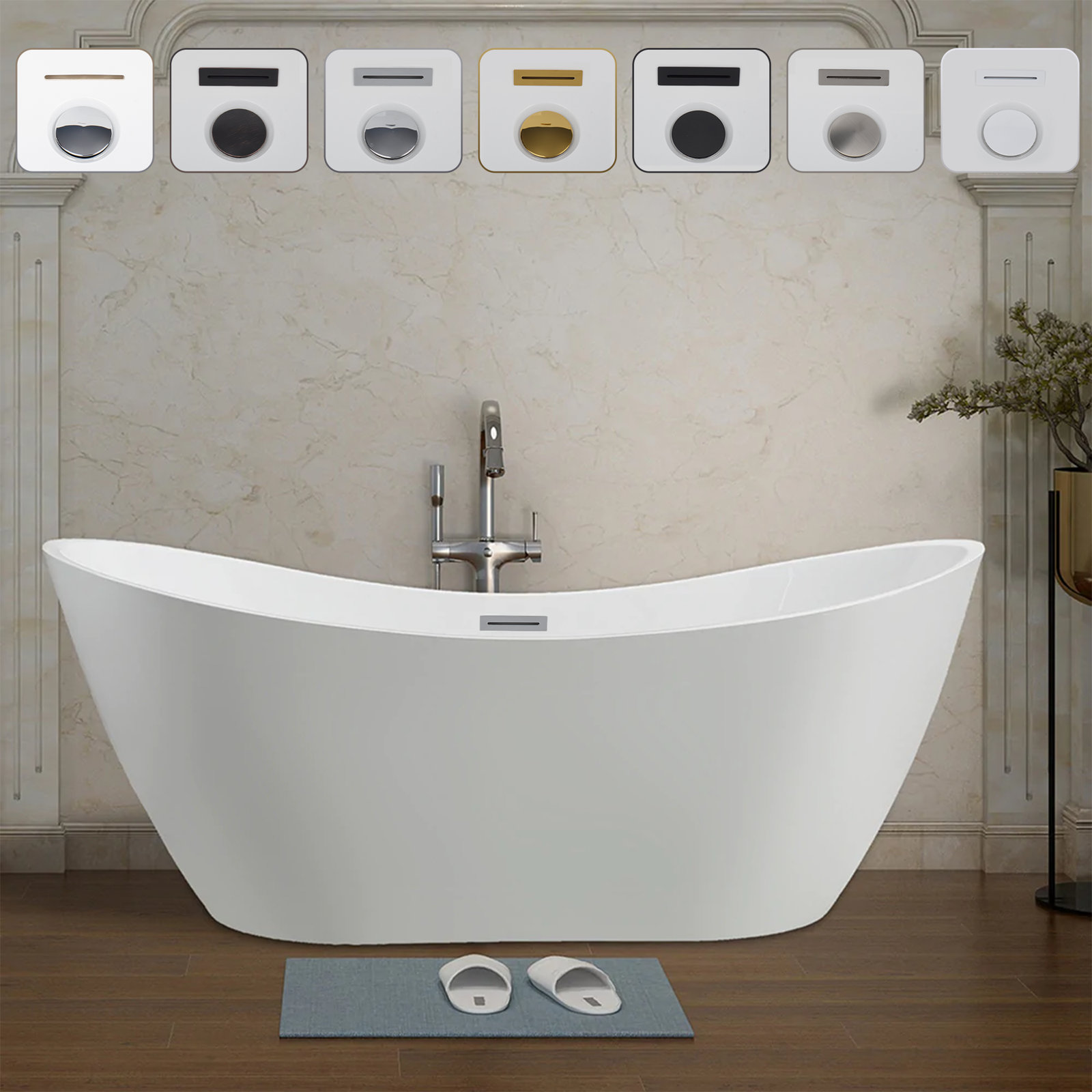 Ophelia 71" Freestanding Soaking Acrylic Bathtub, 59", White/Polished Chrome