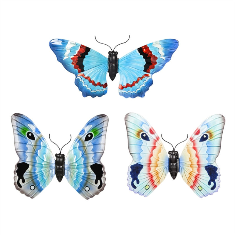 Ensemble de 3 décorations murales papillon en verre, Bleu