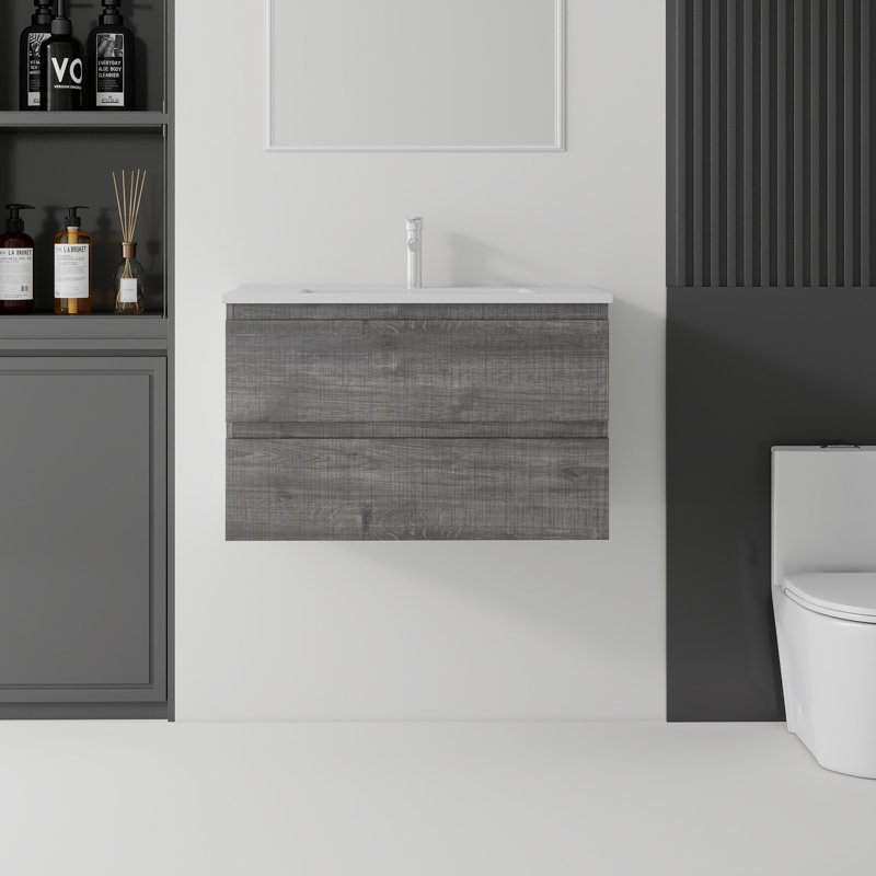 Flottant, meuble-lavabo de salle de bain avec lavabo, avec tiroir à fermeture en douceur, lavabo en céramique, contreplaqué, gris