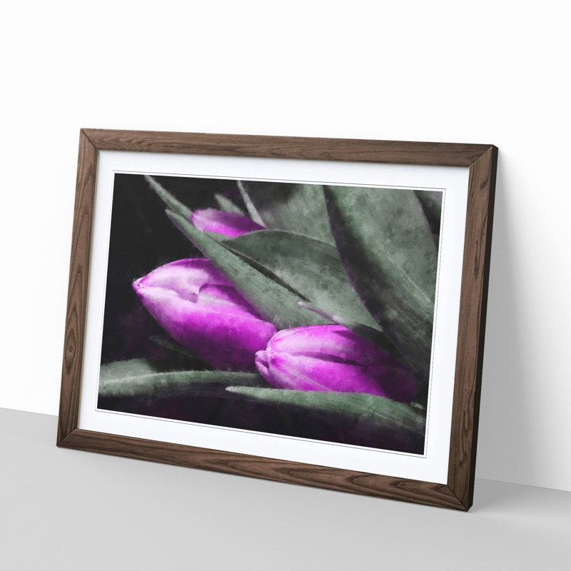 Bunch Of Purple Tulips Painting - Single Picture Frame Print on MDF, Walnut, 24cm H x 33cm W x 2cm D