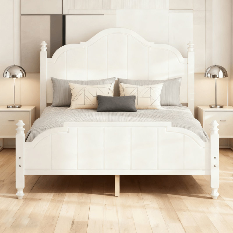 Standard Bed With Scalloped Headboard And Footboard, Queen, White
