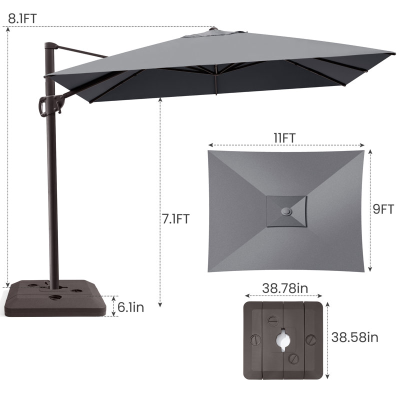 11' X 9' Rectangular Cantilever Umbrella, Base Included, Gris foncé