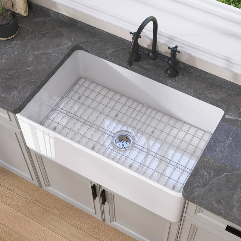 30 in. Fireclay Apron Front Farmhouse Kitchen Sink Single Bowl Farm Sink in White with Grid & Basket Strainer