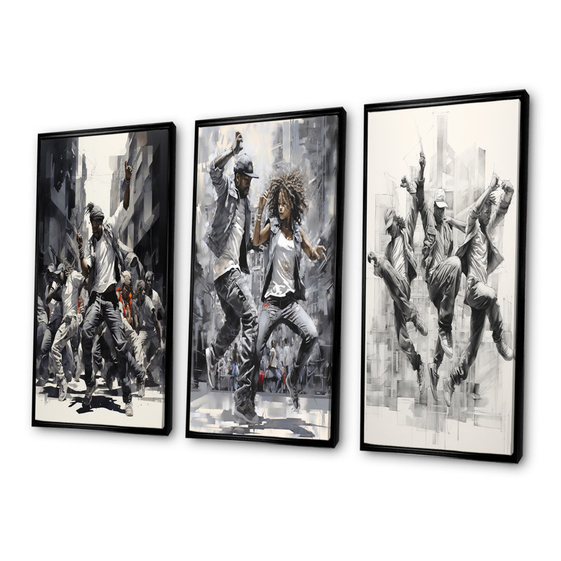 Ensemble de 4 décorations murales noires et blanches Hip Hop Dance, H 40 po x l 60 po, Cadre flottant noir
