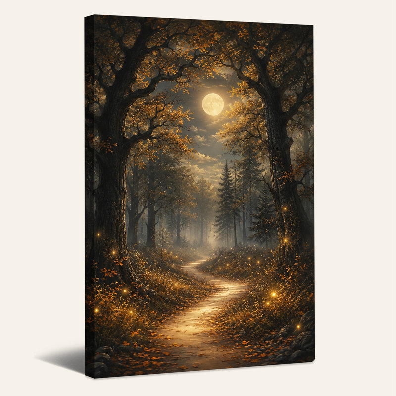 «Autumn Forest Path Under Full Moon with Glowing Halloween», art mural sur toile, H 18 po x l 12 po