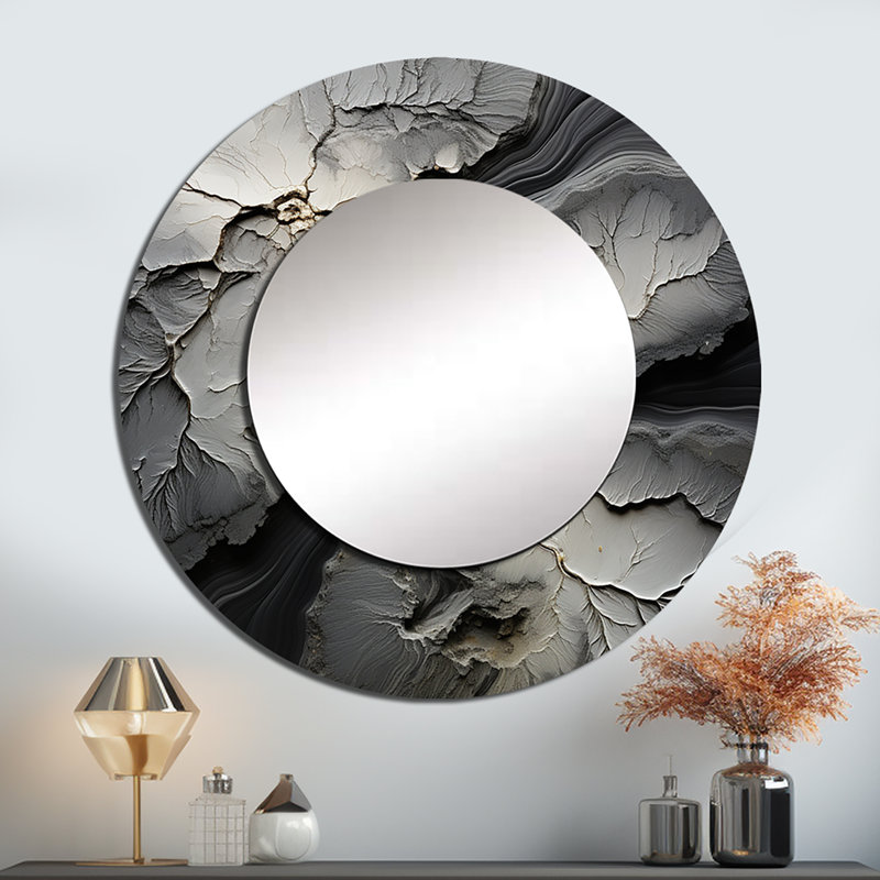 Geode de pierre grise minimaliste - miroir décoratif en pierre, miroir mural traditionnel rond, 29 po x 29 po