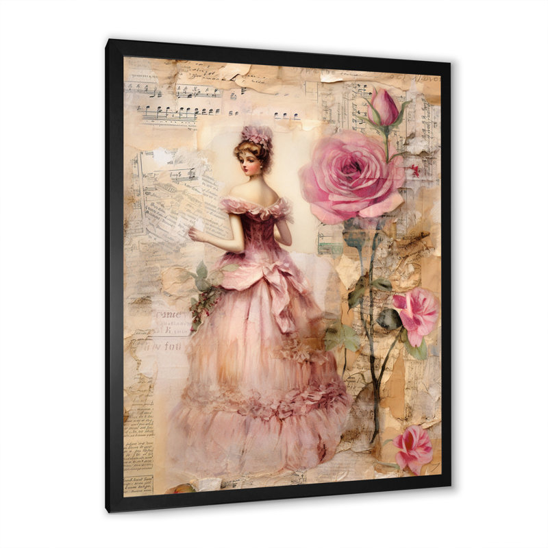 «Victorian Lady Pink Roses Rustic Vintage I - Rose», art mural encadré, H 44 po x l 34 po x P 1,5 po, Cadre simple noir