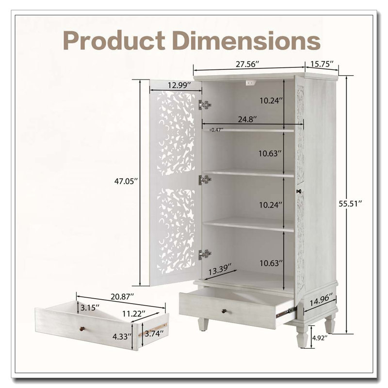 55'' Tall Storage Cabinet with Drawer, White Washed
