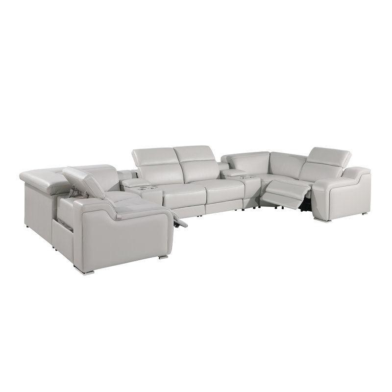 Stanwin 8 - Piece Top Grain Italian Leather Power Reclining Corner Sectional, Light Gray Genuine Leather