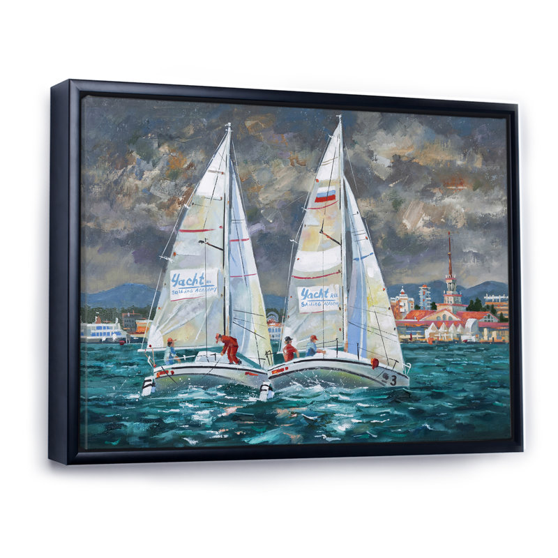 Regatta voiliers arrivant à la finition II - impression sur toile nautique et côtière, L 32 po x H 24 po, Cadre flottant noir