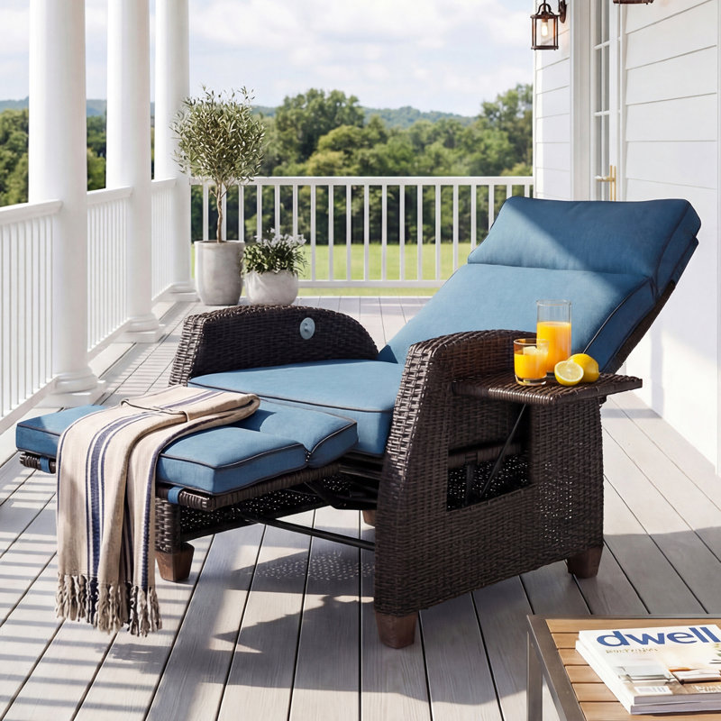 Garden Wicker Recliner Chair, Air Pump Adjustable Backrest Up to 150 Degree with Cushions, Dark Brown, Peacock Blue