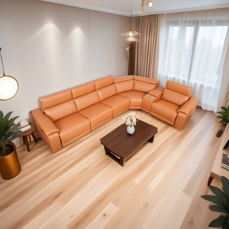 Fauteuil inclinable électrique monoplace en cuir technique brun, réglable de 105 à 175°, respirant, structure en bois.