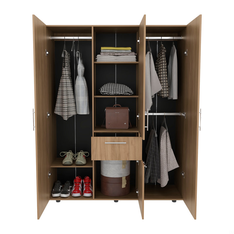 Armoire 70 po à quatre portes, un tiroir avec trois tiges suspendues, une chambre à coucher à sept tablettes et une armoire