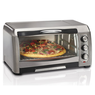 Hamiltopn Beach 6‑Slice Countertop Toaster Oven with Curved Glass Door, Toast Bake Broil Functions, Fits 12‑Inch Pizza, Energy‑Efficient, Includes Bake Pan & Broil Rack, Stainless steel, 31340C