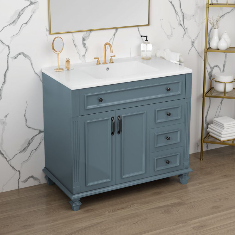 Meuble-lavabo autoportant de luxe - lavabo en céramique, tiroir rabattable et quincaillerie dorée?, Bleu