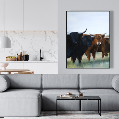 Four Highland Cows Canvas - Green Framed Home Decor Art