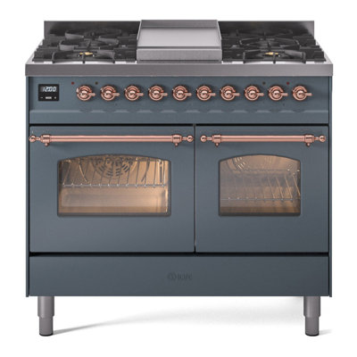 Cuisinière à double combustible ILVE Nostalgie II Series 40 po avec 6 brûleurs scellés et plaque de cuisson (gaz naturel, porte vitrée)