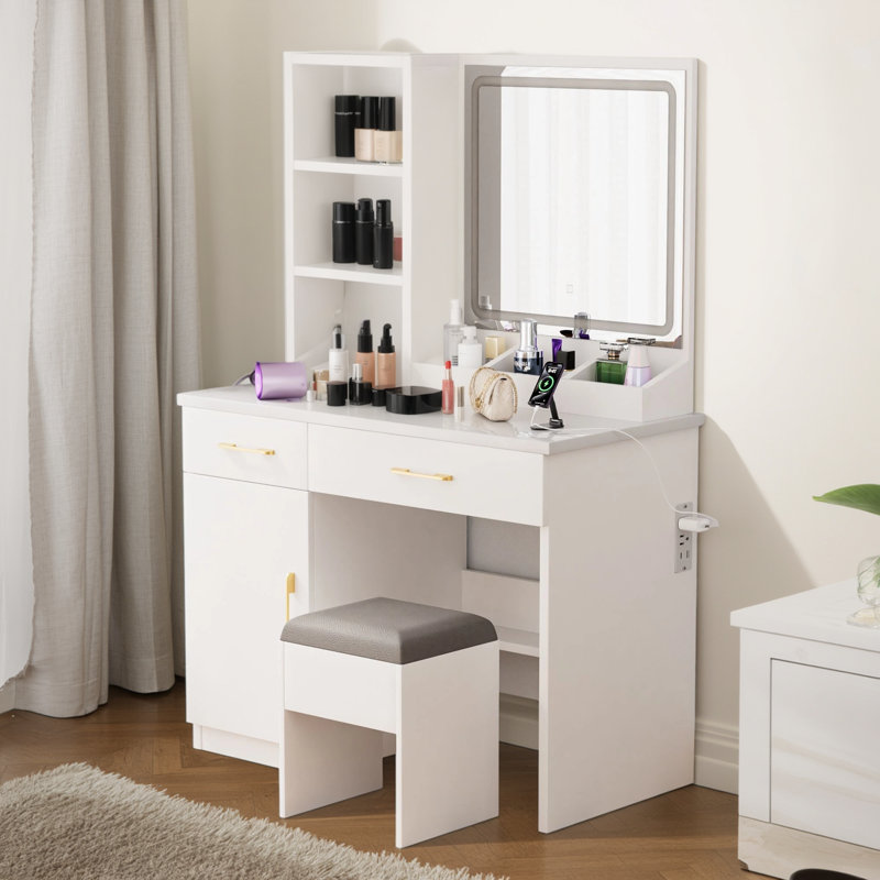 Meuble-lavabo de 32 po de largeur avec miroir éclairé et prise de courant, coiffeuse avec grand espace de rangement et tabouret rembourré pour chambre à coucher et studio