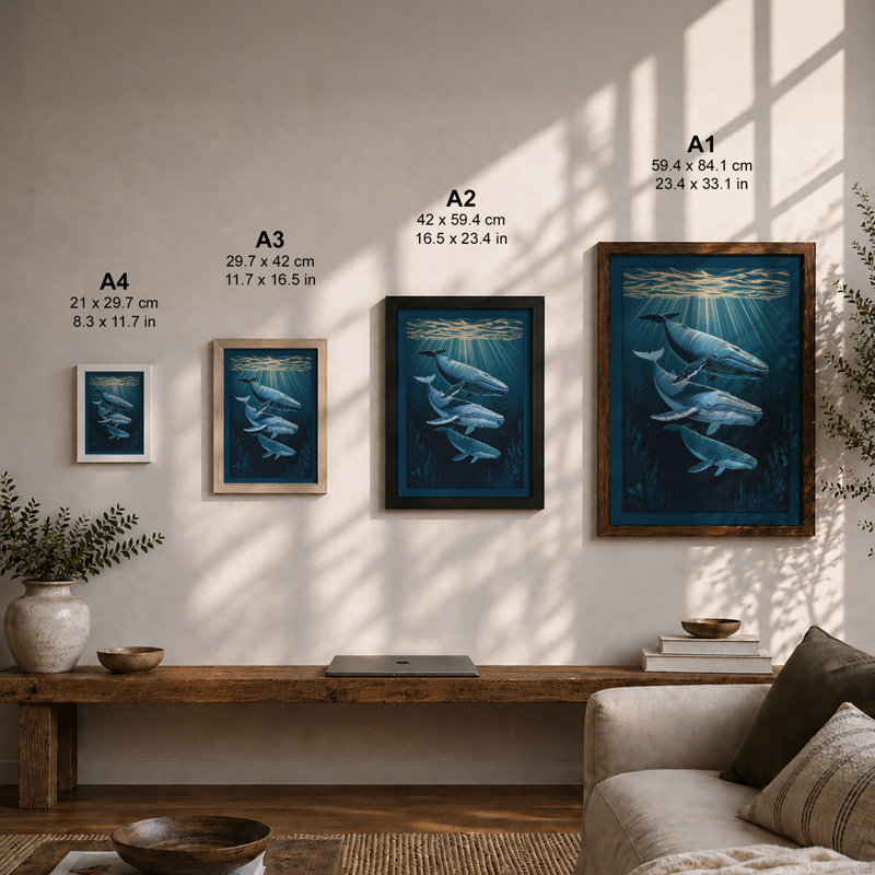 Whales in Blue Depths Coastal - Framed Print, A2 - 59.4 x 42.0 cm, Walnut